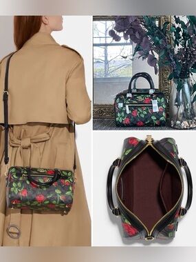 Coach Mini Rowan Satchel in Black with Red Rose Print